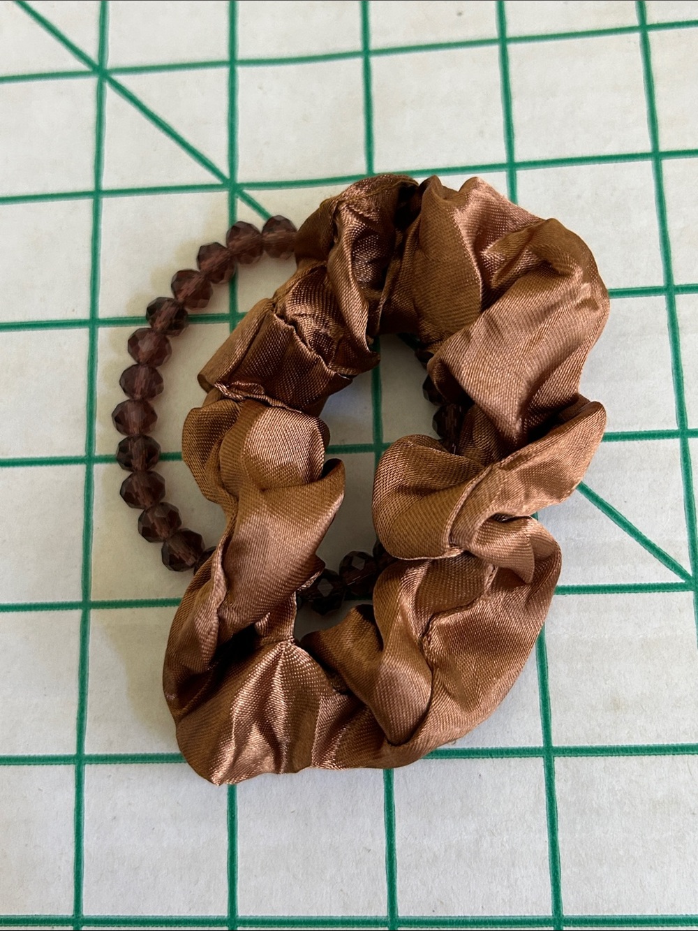Brown Satin Scrunchie Hair Tie with Beaded Elastic - Women Accessories